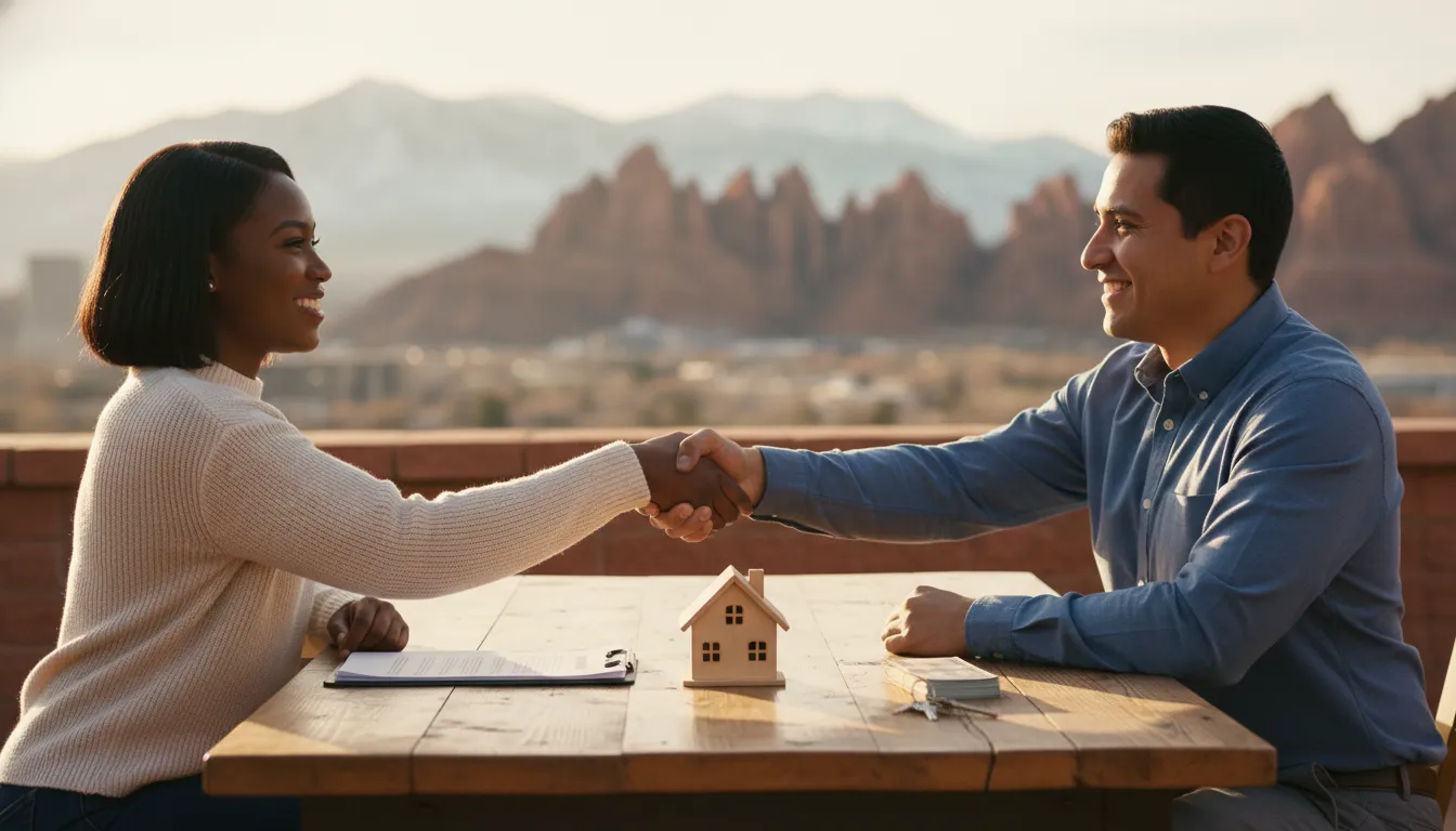 Handshake over a miniature house, contract, cash and keys with Utah red rock cliffs in the background symbolizing seller financing for buyers and sellers
