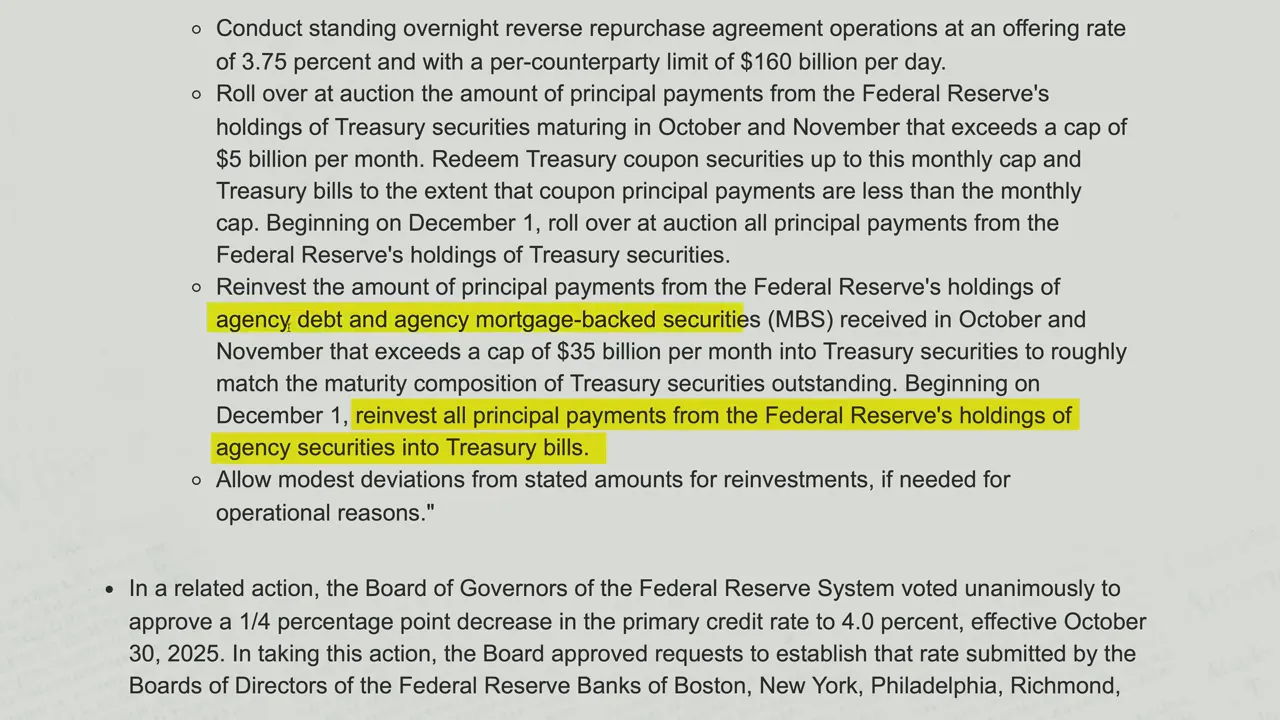 Implementation note text indicating reinvestments of agency principal into Treasury bills beginning December 1