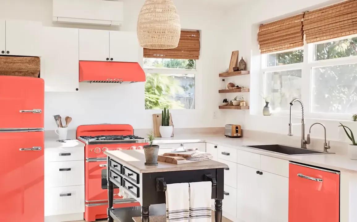 Colorful bespoke refrigerator and range in a kitchen