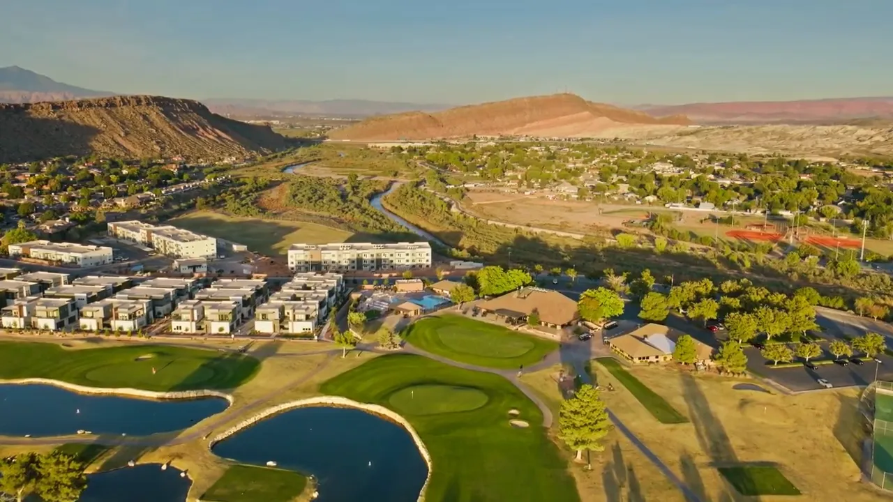 aerial view of golf course, ponds, river and red hills near St. George, Utah