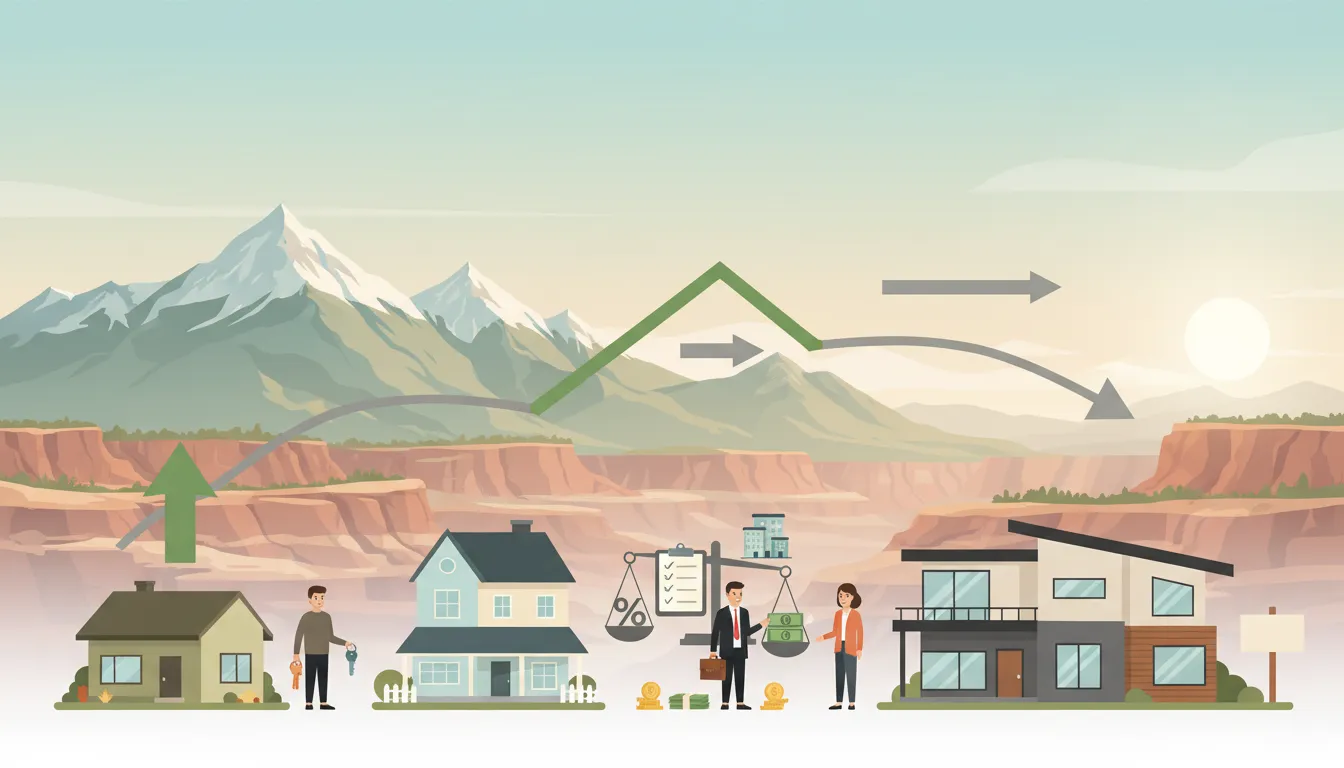Infographic-style illustration showing Utah landscape with three tiers of homes, a peak-and-pullback line chart, demand arrows, a scale with a percentage icon, buyer, seller and investor figures, and a clipboard checklist, no words