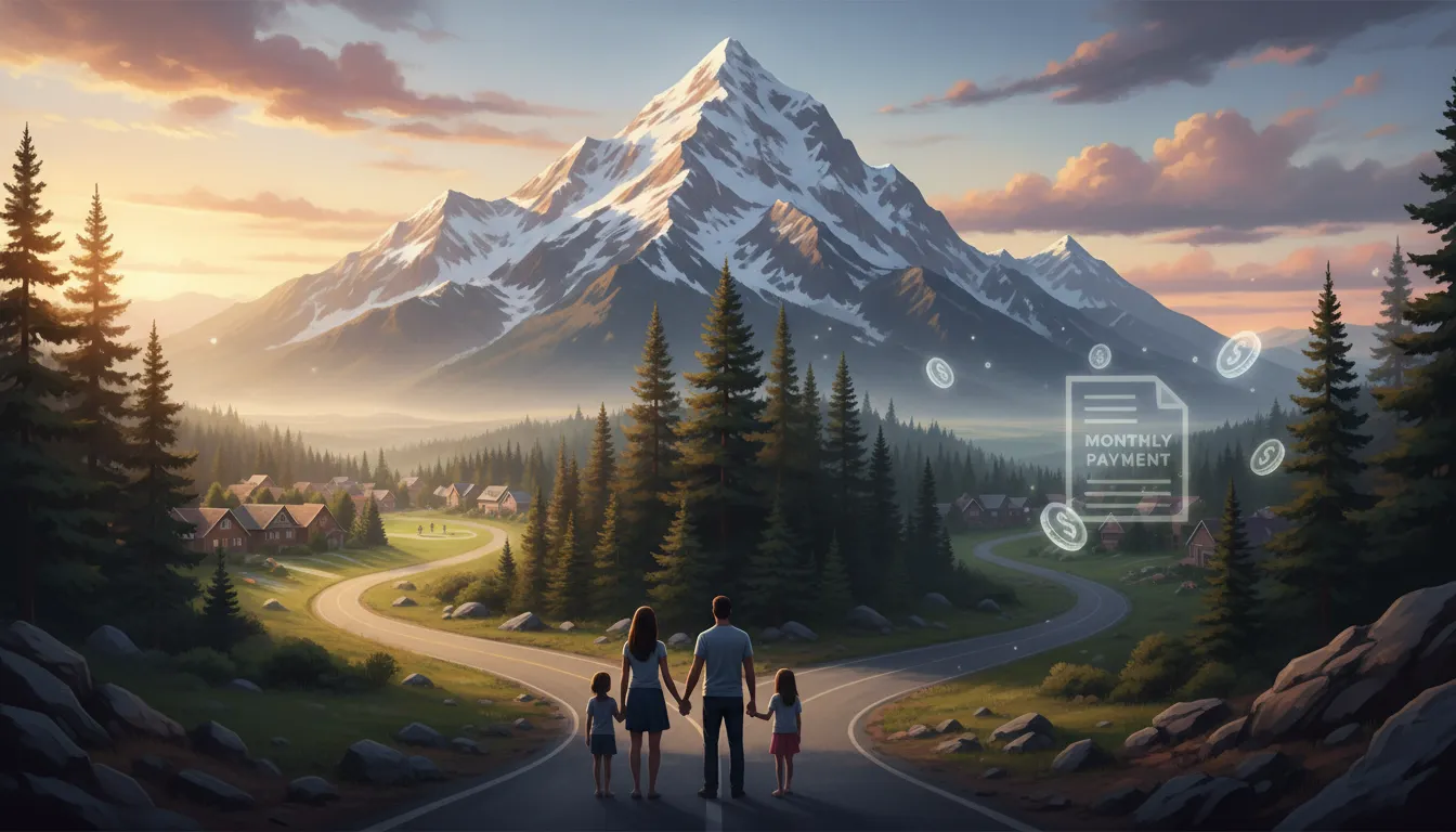 Illustration showing a family at a forked road facing contrasting views of a Utah mountainscape—representing reasons some people leave and others consider moving into Utah—without any text.