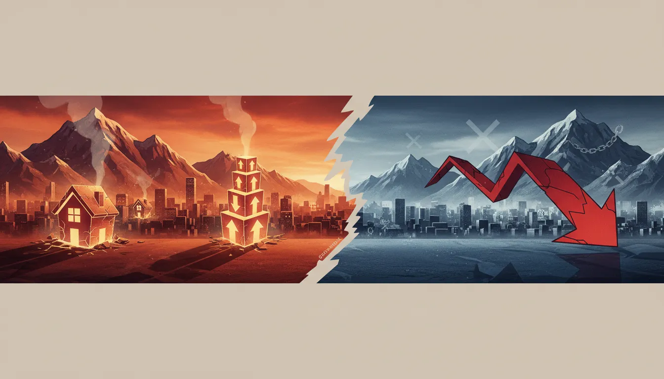 Illustration of Utah city housing market stress using mountain scenery, shadowed house icons, rising inventory boxes, and a downward price symbol with no text.