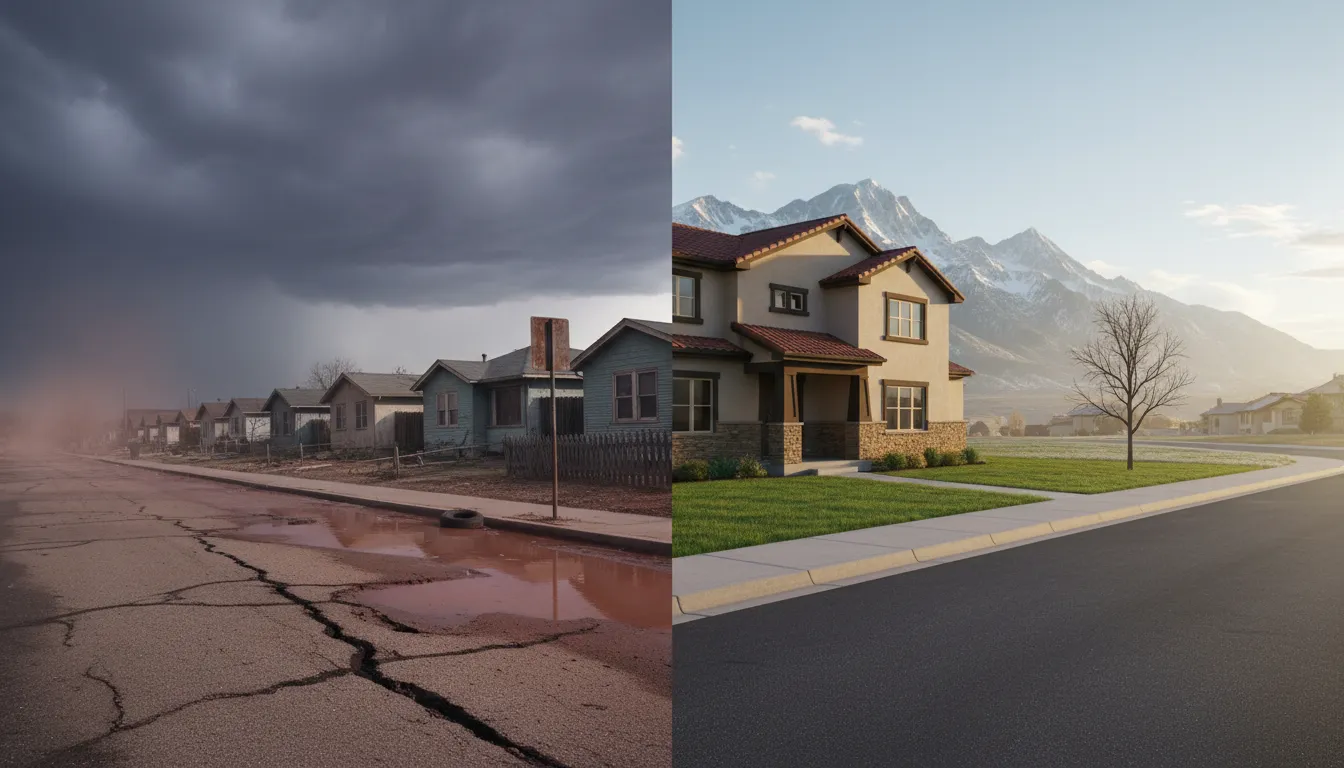 Split-scene illustration comparing unsafe warning cues in a Utah neighborhood with a cleaner, safer area and mountain views, with no text.