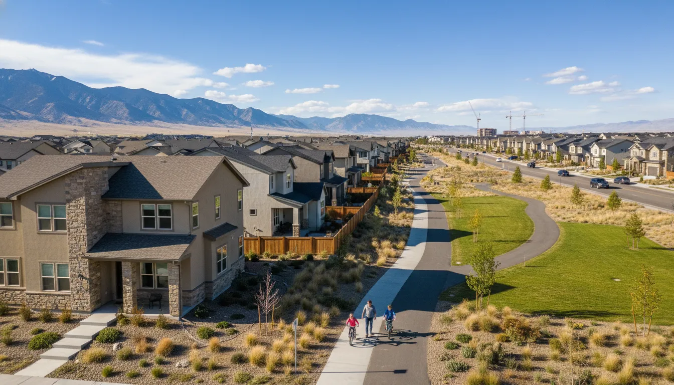 Photorealistic view of a modern neighborhood lifestyle in Saratoga Springs, Utah, with mountains, outdoor trails, and distant commuting and construction context in 2026