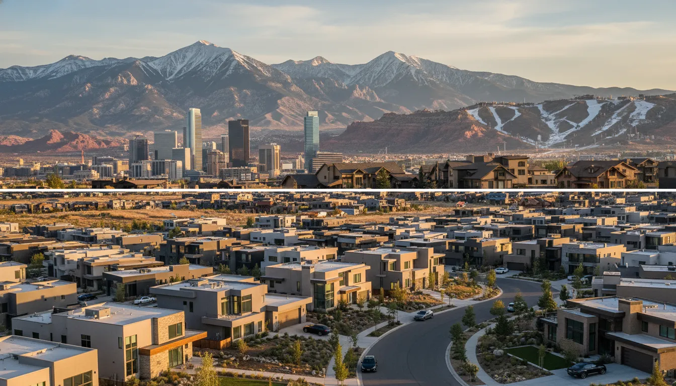 Cinematic view of luxury upscale neighborhoods with Utah mountains in the background, illustrating high-cost places to live in Utah.